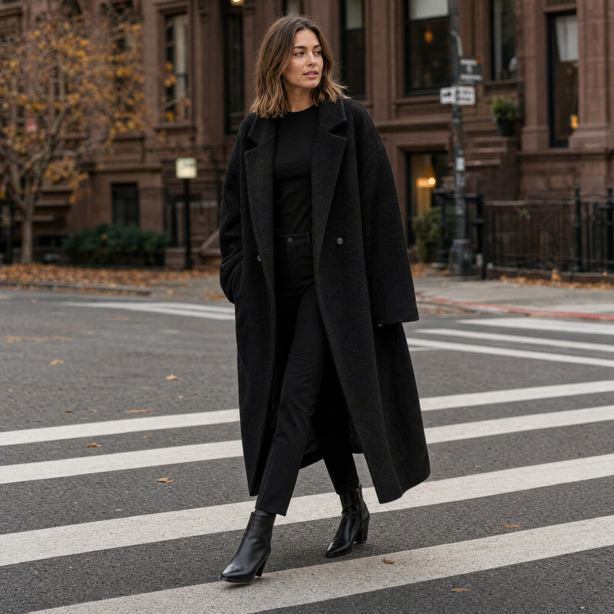 Woman in a black long wool coat crossing a city street in autumn