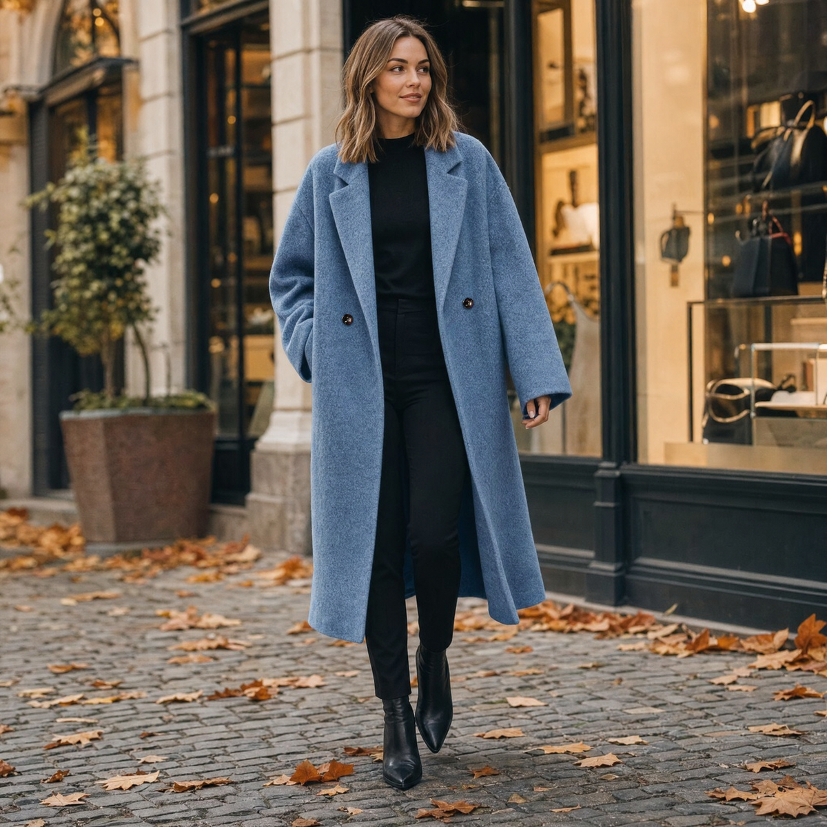 Woman in a light blue long wool coat walking past boutique windows