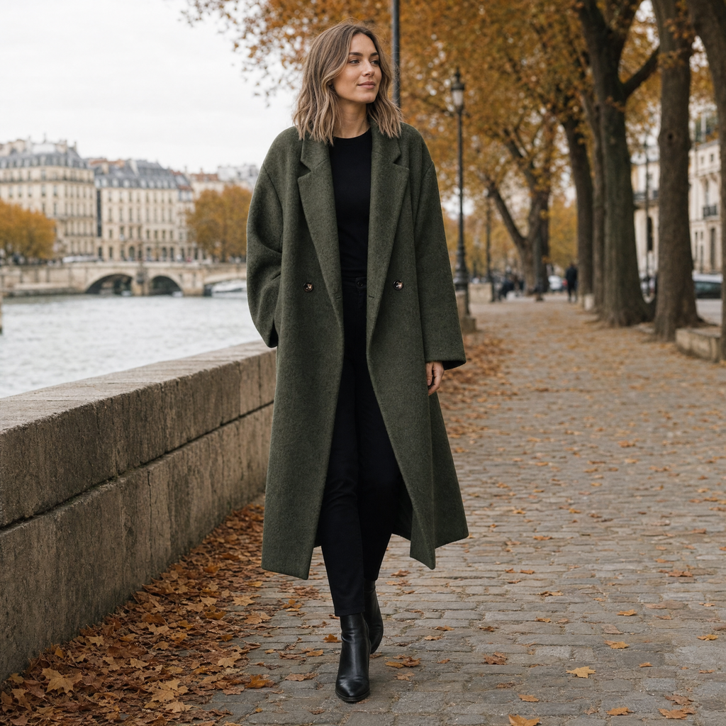 Woman in an army green long wool coat on a riverside promenade in autumn